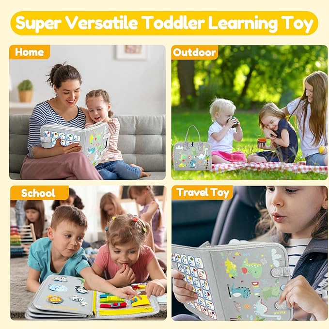 Qizfun Busy Board Montessori Toy for Toddlers, Educational Sensory Learning Toy for Fine Motor Skills, Preschool Travel Toy for Airplane & Car, Gifts for Boys and Girls