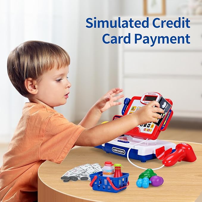 FS Toy Cash Register for Kids with Scanner, Play Money, Credit Card, Shopping Basket, Pretend Play Toys for Toddler 3-5-7 Years Old Boys and Girls Preschool Learning Activities, 57 Pieces Play Set