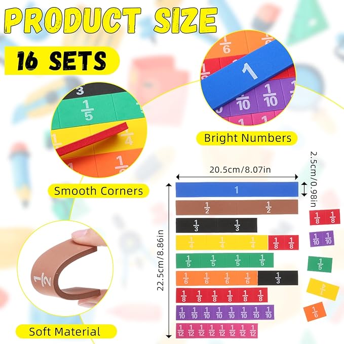 16 Sets Fraction Tiles Set for Math Classroom Fractions Manipulatives Math Learning Manipulatives for Home School Supplies