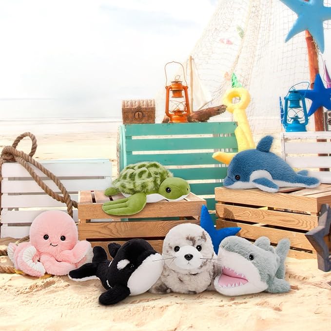 MaoGoLan 6Pcs Sea Animal Plush Toys Ocean Stuffed Animals for Kids, Large Bulk Party Favors with 10'' Plush Whale Shark Turtle Seal Orca Octopus, Classroom Decorations Christmas Valentine's Day Gifts