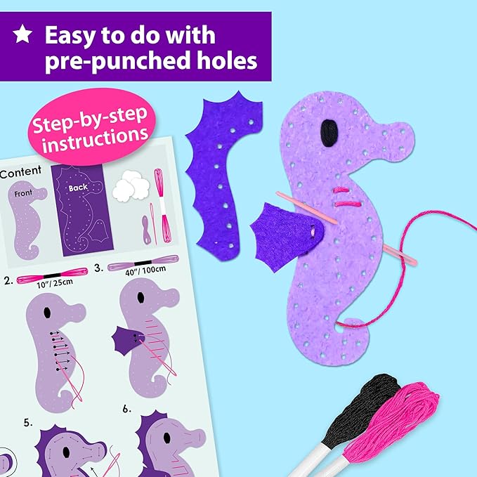 KRAFUN Mermaid Sea Animals Beginner Sewing Kit for Kids Art & Craft kit, Includes 5 Soft Plush Dolls, Instructions & Felt Materials for Learn to Sew, Embroidery Skills, Gift for Girls Educational