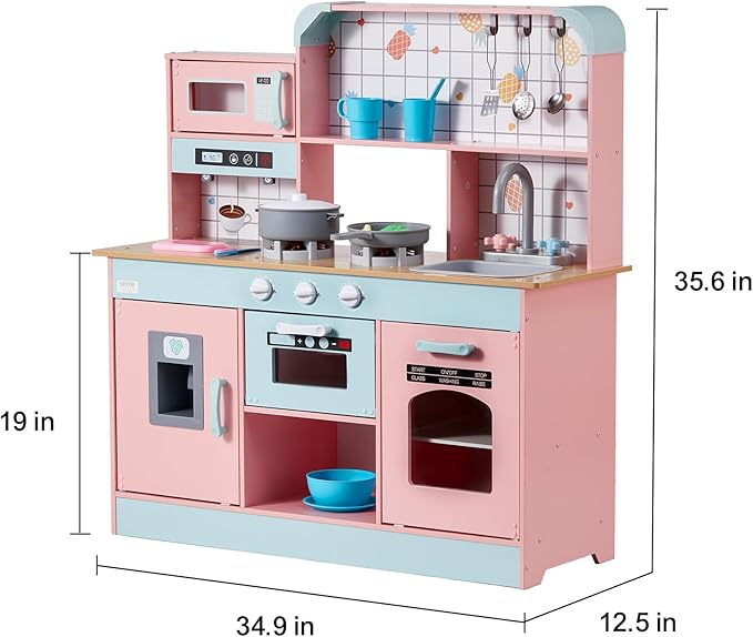 VEVOR Wooden Play Kitchen Toy, Play Kitchen for Kids with Lights and Sounds, Toddler Kitchen with Ice Maker, Oven, Sink, Microwaves, Fridge and Utensil and Fruit Accessory for Toddlers Ages 3-8, Pink