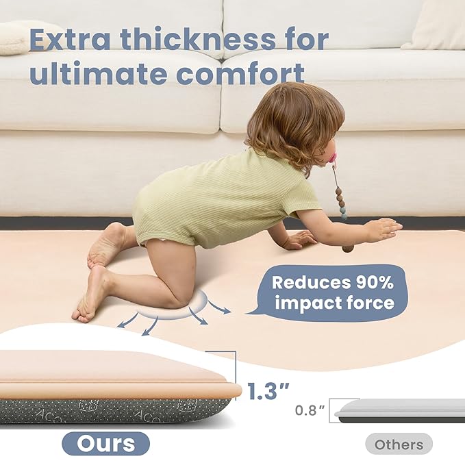 ACOMOPACK 1.3" Thick Baby Play Mat for Floor 59x71"-Large Water-Repellent&Non-Slip Memory Foam Mat for Kids,Toddlers,Soft Velvet Nursery Rug for Tummy Time&Crawling,Yoga,Tatami Style(Blush)