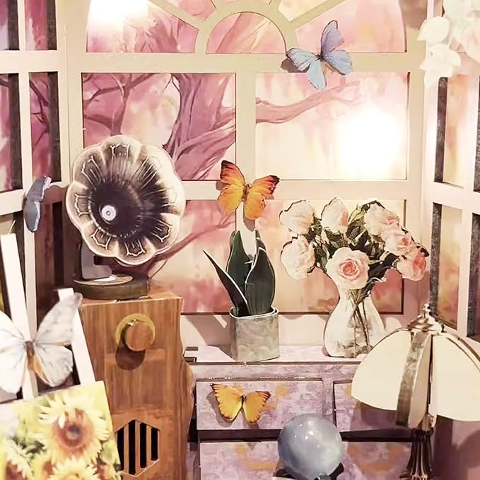 DIY Book Nook Kit, Miniature Bookshelf Decor with LED Lights, Laser-Cut Wooden Craft Set for Adults, Creative Gift for Christmas, Birthday, Greenhouse Flower Room