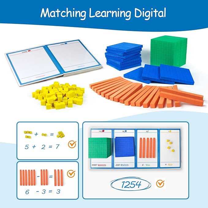 Foam Base Ten Blocks for Place Value, Early Counting, Manipulatives, Counters, Cubes - Kids Math Learning Tool