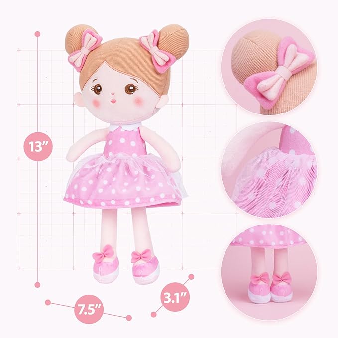 OUOZZZ 13" Soft Baby Doll Toys for 1 + Year Old Girl Gifts, Birthday Gifts for 1 Year Old Girl Christmas Plush Toys Gift for Toddler Kids Pink Dress