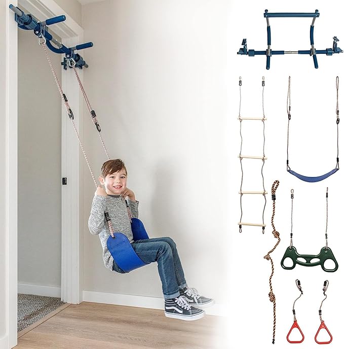 Gym1 6-Piece Doorway Gym Indoor Playground - 6-Piece, Blue - Indoor Playset with Sensory Swing, Pull-Up Bar & Rings, Trapeze, Ladder & Knotted Rope
