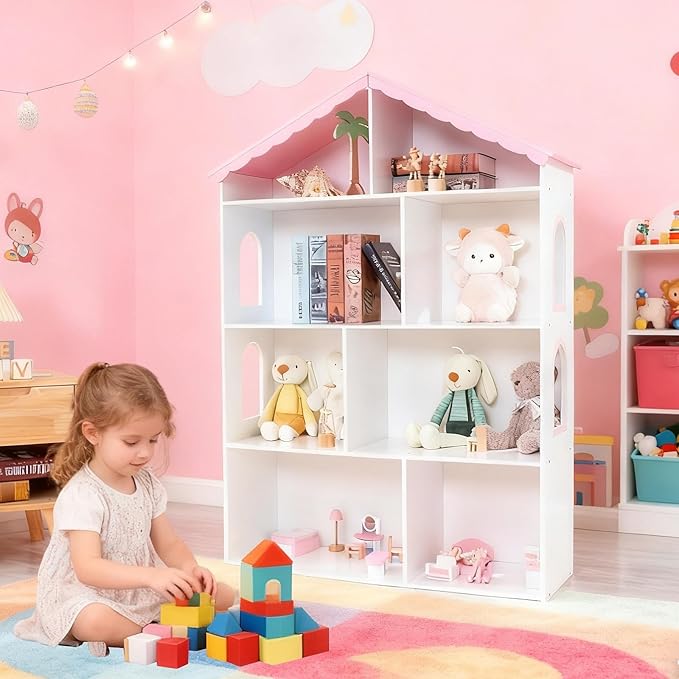 Wooden Dollhouse Bookshelf 4-Tier Children's Bookcase Display Storage Doll House Organizer Furniture for Kids Bedroom Playroom Nursery Kindergarten Gift for Boys Girls Ages 3-8 Years Old