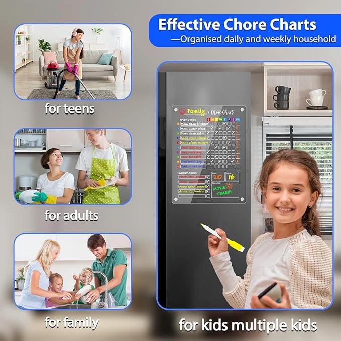 PigPotParty Acrylic Magnetic Chore Chart for Kids, 12"x16" Reward Responsibility Chart, Chores Checklist, 1 Weekly Dry Erase Fridge Board for Teens Adult Family Multiple Kids, w/ 12 Markers & Towel