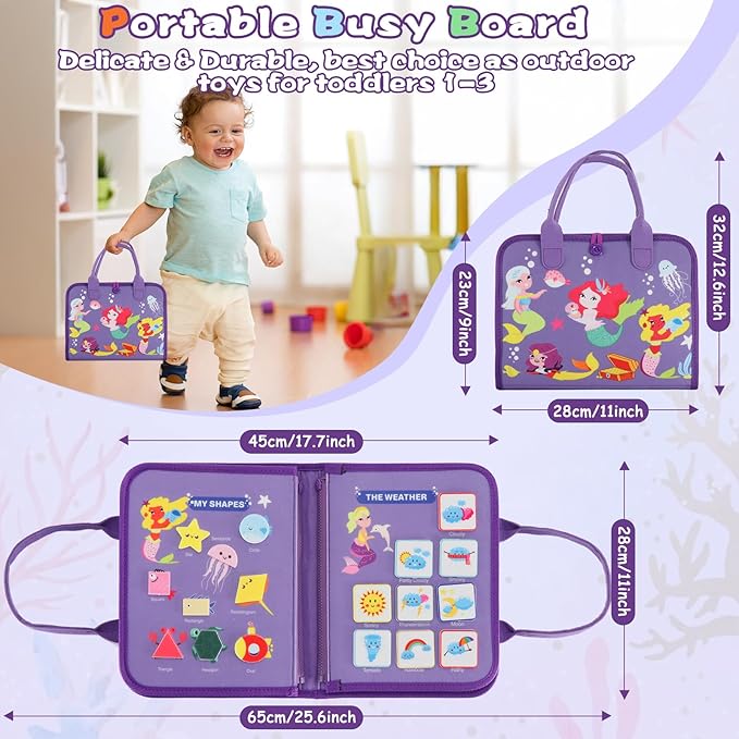 Montessori Busy Board for Toddlers 1-3, Soft Sensory Activity Book with Life Skills, Cognition, Sorting, Matching, Travel Toys for Airplane Car, Gift for Girls Boys 2-4 Years Old (Mermaid)