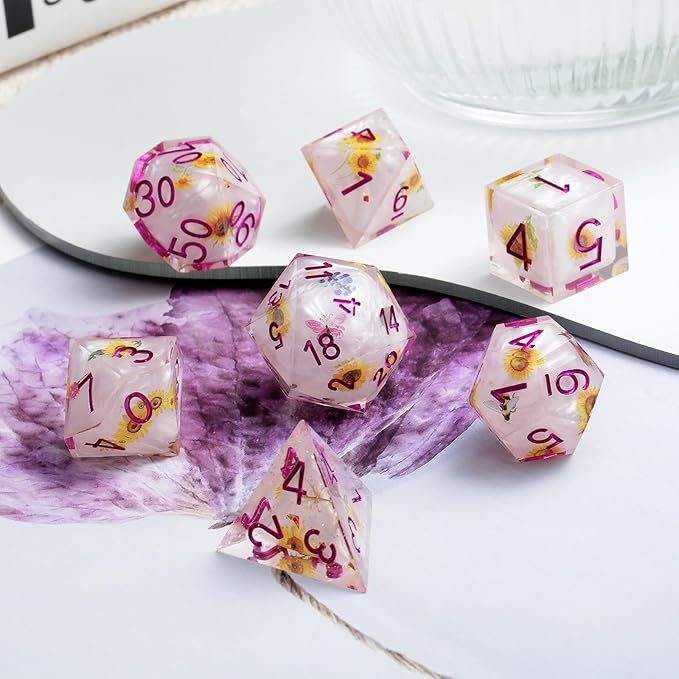 Resin Dice Set DND,DNDND Handmade Resin Sharp Edge Die with Gift Case for D&D Dungeons and Dragon Games (Flowers and Butterflies)