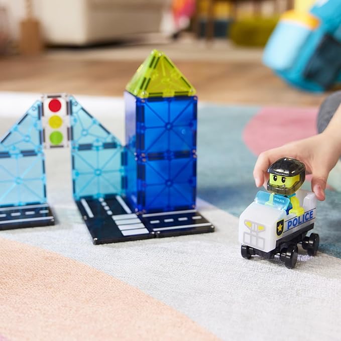 MAGNA-TILES Police Patrol 20-Piece Magnetic Construction Set, The Original Magnetic Building Brand
