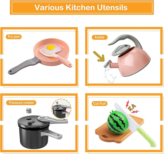130Pcs Kitchen Playset, Toddler Pretend Cooking Play Pots, Pans, Utensils Cookware, Daily Food Fruit Veges, Shopping Storage Basket, Dessert, Prop Money, Learning Gift for Child (Pink)