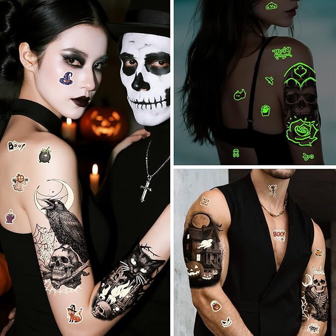 39PCS Glow in The Dark Halloween Temporary Tattoos Adult Kids, 9PCS Realistic Half Sleeve Pumpkin Bat Crow Skull Fake Tattoos, 30PCS Luminous Spider Cat Ghost Tiny Face Body Stickers Party Supplies