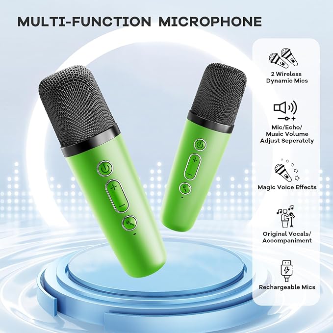 Mini Karaoke Machine for Kids Adults, Portable Bluetooth Speaker with 2 Wireless Microphones, Birthday Gifts Toys for Girls Boys Ages 3, 4, 5, 6, 7, 8, 9,10,11,12+ Years Old Toddler (Green)