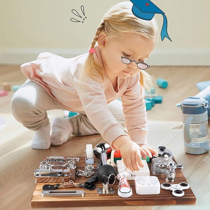 20-in-1 Busy Board for Toddlers - Travel Toy Activity Board for Fine Motor Skills - Toys for 3 Years Old Kids With Switch, Locks, Shoe Laces, Music Box