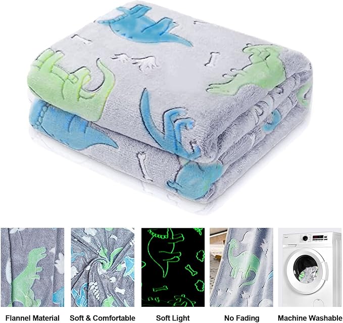 Personalized Dinosaur Glow in The Dark Kids Throw Blanket, 30"x40", Multicolor