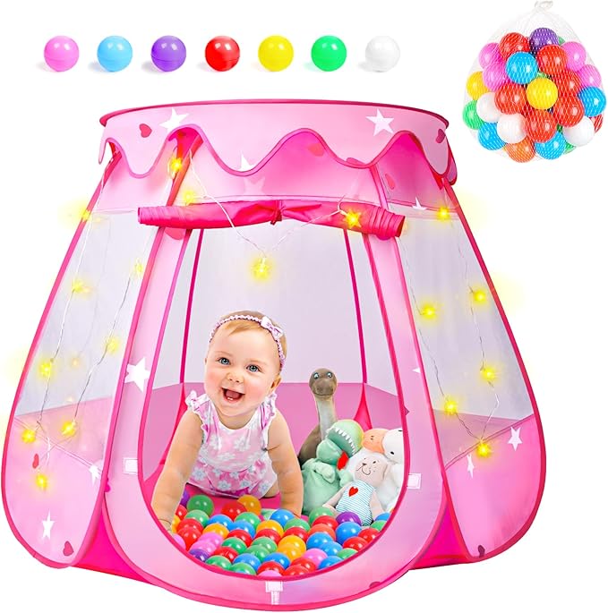 DISHIO Ball Pits with 50 Balls, Pop up Tents for Kids with Star Lights, Ball Pit for Toddlers, Princess Tent Toy for 1,2,3 yrs Birthday Gifts for Girls, Easy to Assemble and Store (50 Balls Included)