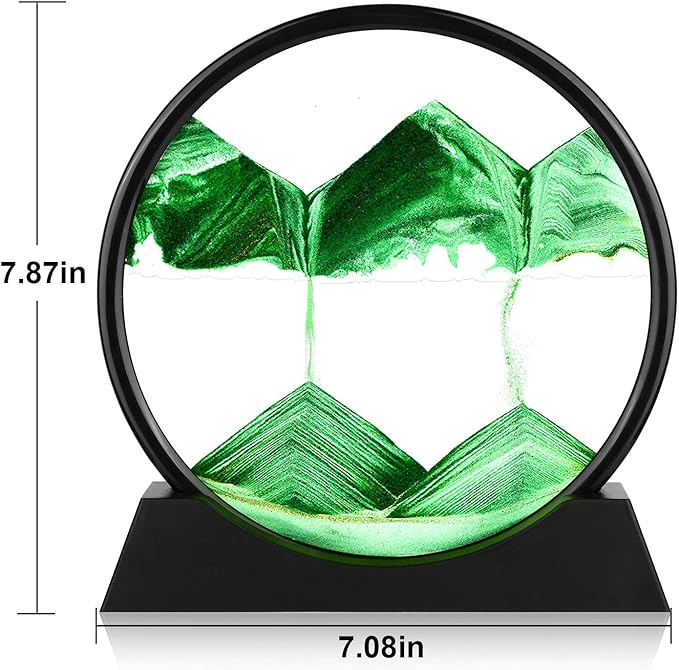 Moving Sand Art Picture - 3D Quicksand Painting Decor - Round Glass 3D Deep Sea Sandscape - Relaxing Home Decoration Desk Toys for Home Office Desk Mantle Bookshelf- (Green, 7 in)