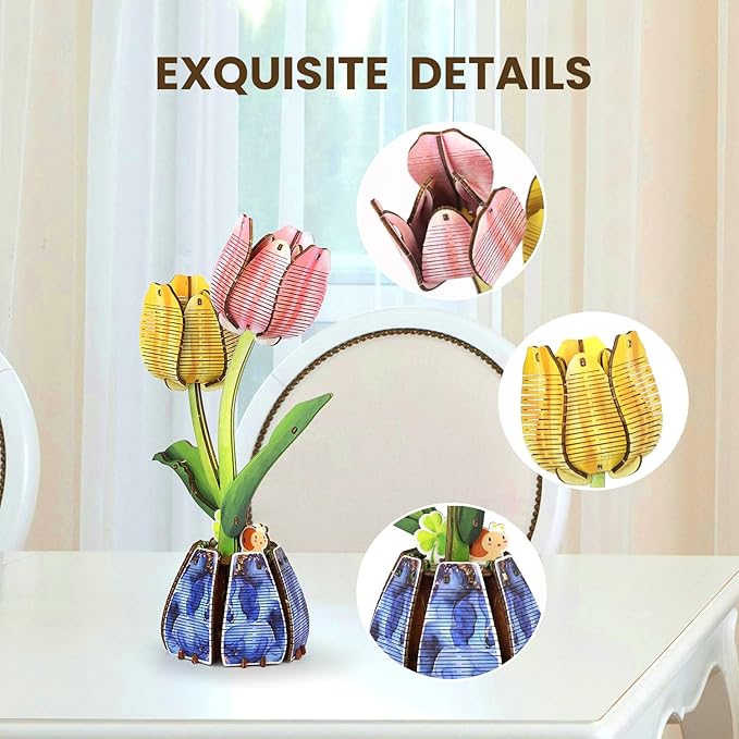Jege 3D Flowers Wooden Puzzles for Adults,DIY Wooden 2 Flowers per Kit Building Set for Home Decor, Creative Craft Gift Toys Kits with 2 Perfume Bottles and Diffuser Sticks (Rose + Tulip)
