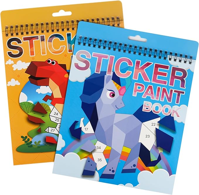 2 Pack Sticker Book Crafts for Kids Ages 4-8 Sticker Paint Books Boys and Girls Birthday Gifts Party Favor, Travel Activity Book Set for Learning (Dinosaur+Horse)