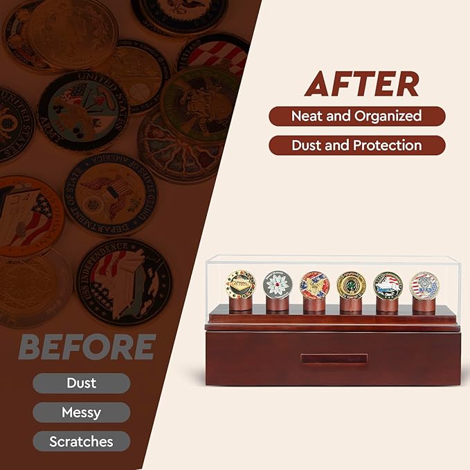 Challenge Coin Display Case, Military Coin Collection Holder with Wooden Coin Box, Drawers, and Clear Acrylic Lid – Gifts for Coins Collectors (6 Pillars)