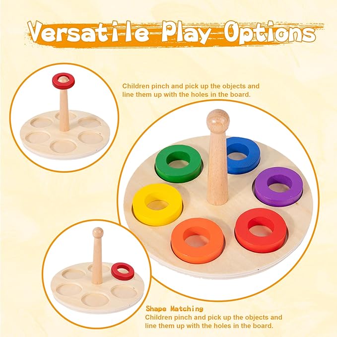 Adena Montessori Wooden Stacking and Sorting Ring,Wooden 6 Rings on Peg,Wooden Rainbow Stacking Rings Baby Toy, Stacker Toys for Infants and Toddlers,Wood Educational Developmental Toy Multicolor
