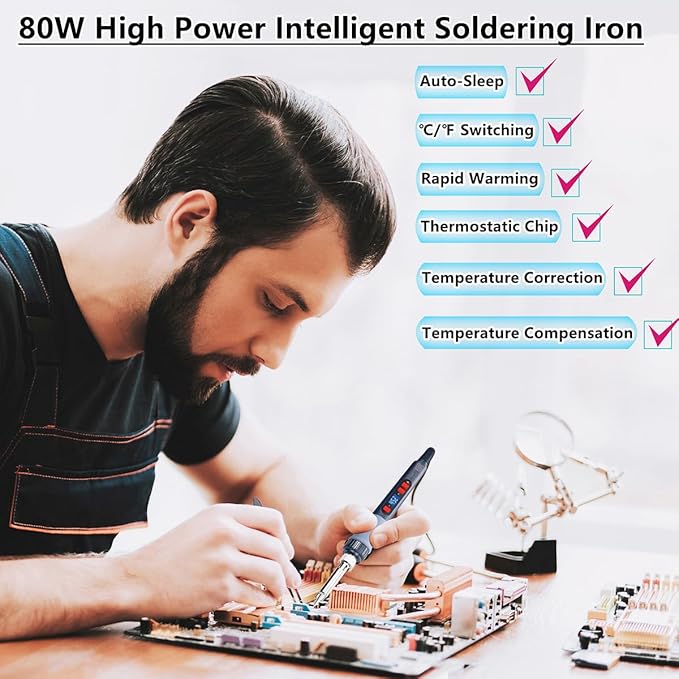 Soldering Iron Kit, 80W Electric Solder iron, Adjustable Temperature (180°C- 500°C）, With Multimeter, Magnifier Welding Helping Hand, Heat shrink tubing, Solder Wire, Desoldering pump.