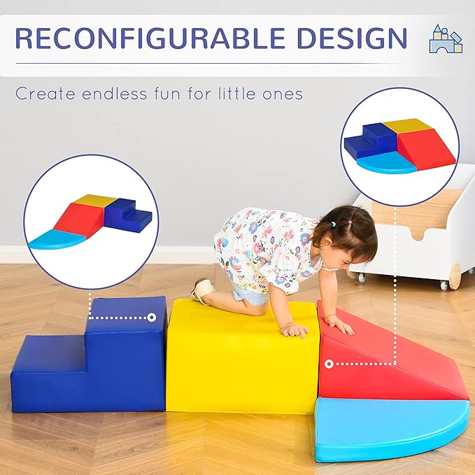 Qaba Foam Play Set for Toddlers and Children, Easy-to-Clean 4 Piece Soft Indoor Climber & Safe Kids Climbing Set for Crawling or Sliding, Multicolor