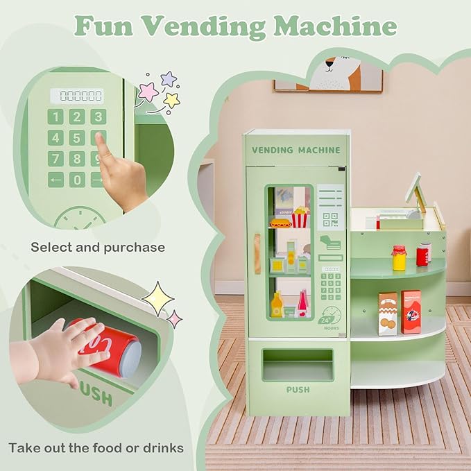 HONEY JOY Kids Grocery Store Playset, Wooden Supermarket Playset w/Cash Register & Vending Machine Toy, Blackboard, Checkout Counter Stand, Grocery Store Pretend Play for Toddler Boys Girls (Green)