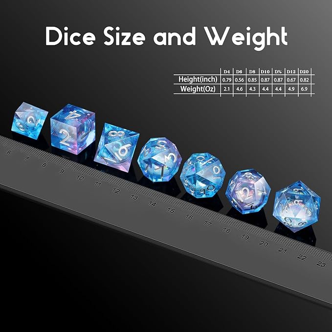 Resin Sharp Dice,DNDND 7PCS Glitter Liquid Resin DND Dice Set with Gift Case for Dungeons and Dragons Tabletop Game (Liquid Blue and Pink)