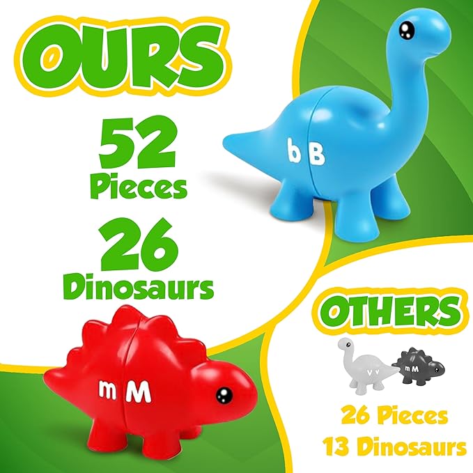 Bambibo Dinosaur Alphabet Learning Toys - 52pc in Storage Box | 26 Double Sided Dino Matching Toys | Preschool Dinosaur Letter Matching Toy for Toddlers 3-5