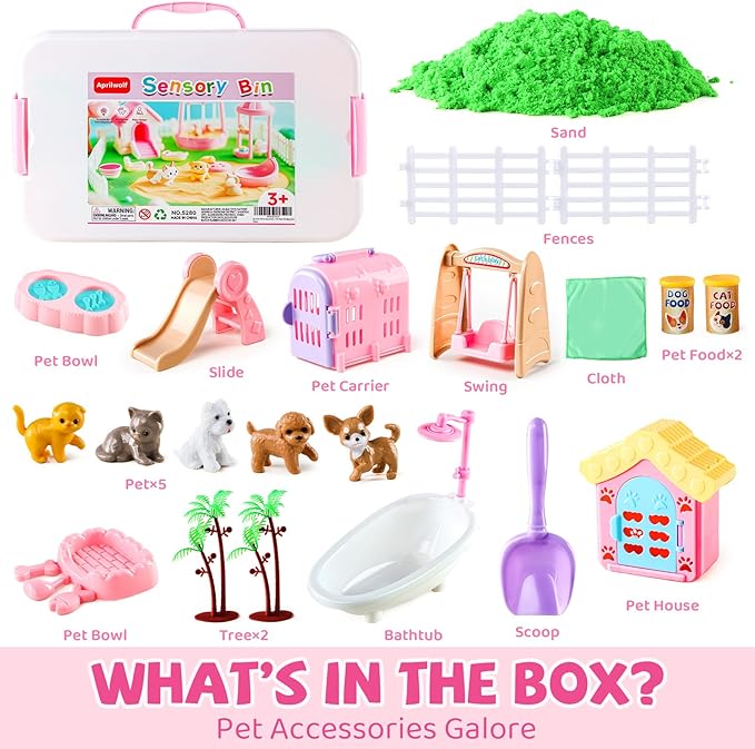 21 PCS Pet Sensory Bin, Dog & Cat Sandbox with Sand & Box, Play Sand Art Toys Kit, Pet Care Play Set, Beach Toys for Kids Ages 4-8, Birthday Gift Girls Boys 3 4 5 6 7 Years Old