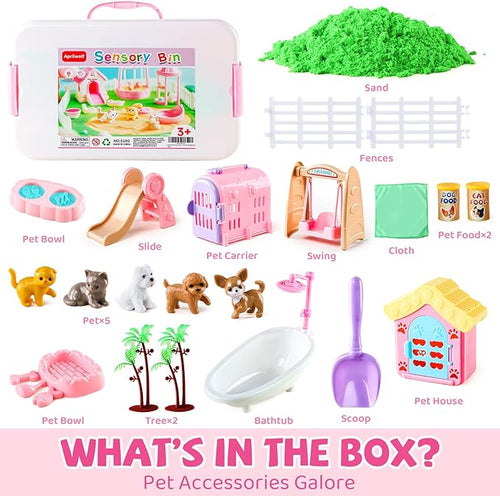 21 PCS Pet Sensory Bin, Dog & Cat Sandbox with Sand & Box, Play Sand Art Toys Kit, Pet Care Play Set, Beach Toys for Kids Ages 4-8, Birthday Gift Girls Boys 3 4 5 6 7 Years Old