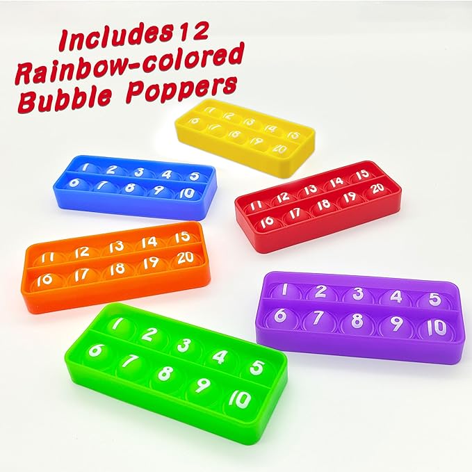 1-20 Ten Frame Popper, 12Pack Fidgets for Classroom, Quiet Sensory Toys Bubble Poppers, Pop for Counting Math, Focus Tools for Kids, Montessori Educational Toy Gift for Kindergarten
