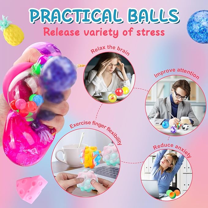 54 Pack Stress Balls, Squishy Balls, Squeeze Balls for Adults, Stress Relief Balls, Prize Box Stuffers, Party Favors