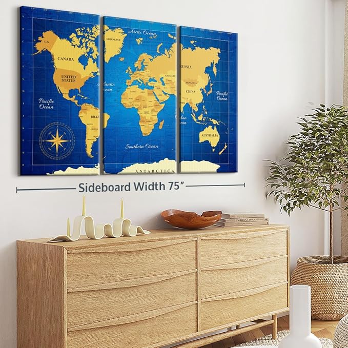 ElephantStock Yellow Longitude World Map Multi Piece Canvas - 3 Panel Wall Decor - Map of the World Art - Canvas for the Office and Home - 74" X 48"