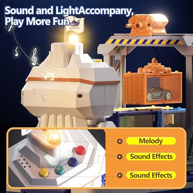 Toy Boat & Gantry Crane for Kids, Cruise Ship with 18 Mini Race Cars and 6 Containers, Cargo Ship Toy with Sounds and Lights, Boats Age 3 4 5 6 7 8 for Boys Girls Birthday Present