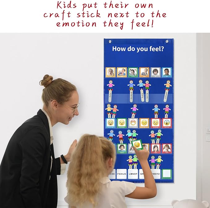 Boczif Emotions Feelings Pocket Chart for Classroom Chart with 24 Cards for Preschool Teacher,Daycare Decor, Social Emotional Learning Activities, Calm Down Corner Supplies (Blue)