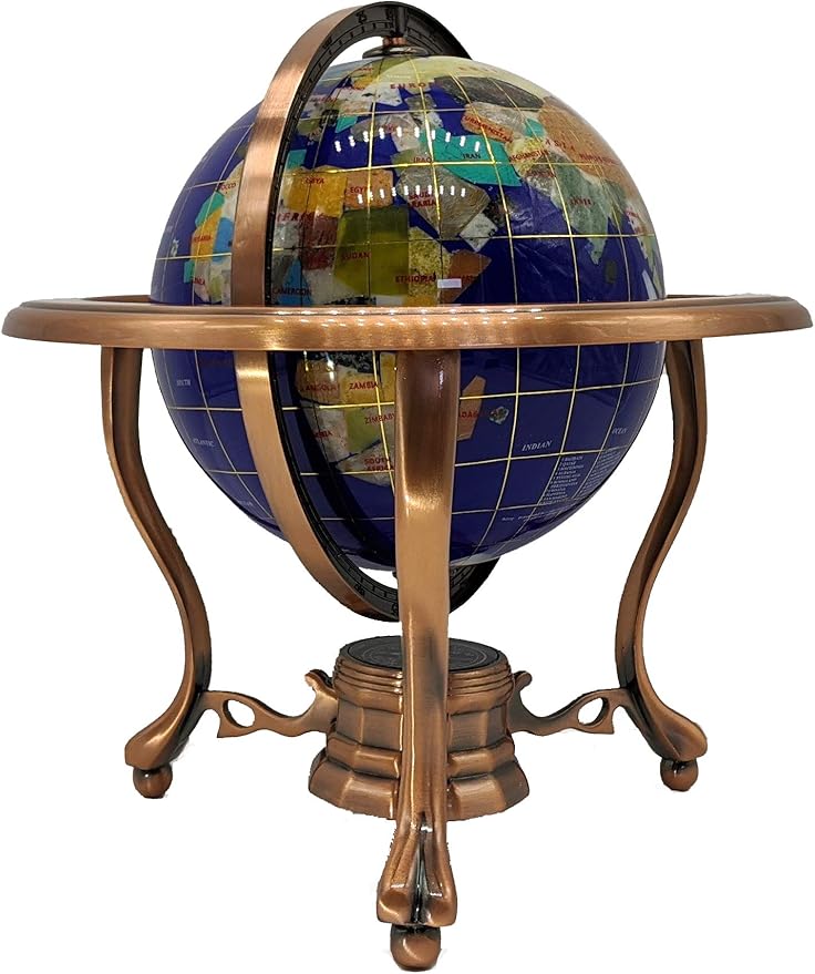 Unique Art 10-Inch Tall Table Top Blue Lapis Ocean Gemstone World Globe with Copper Tripod Stand (BLUE LAPIS)