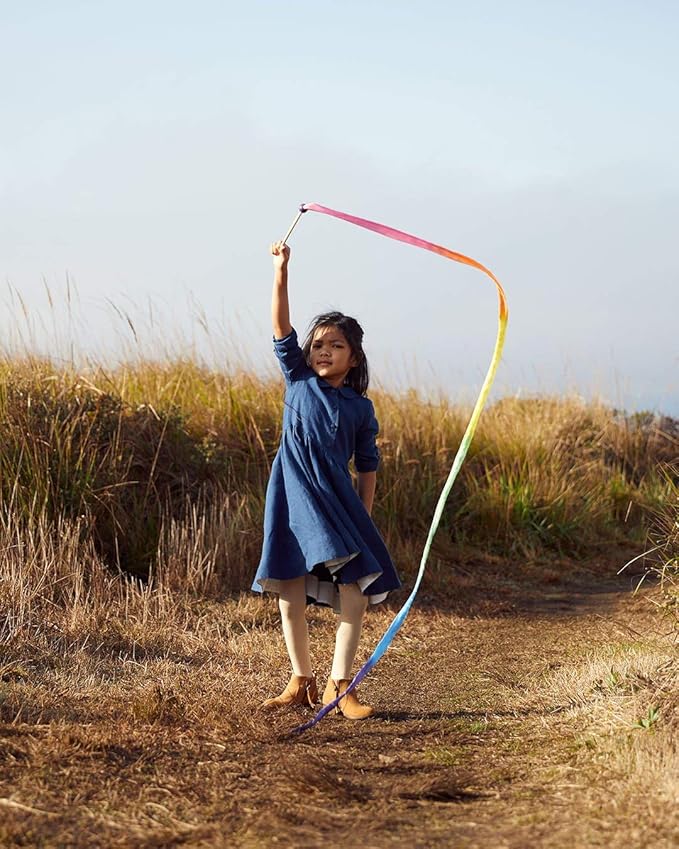 Sarah's Silks Rainbow Streamer - 8' Long Ribbon Wand for Kids, Pretend Play, Dance, Baton Stick Twirling, and Gymnastics Party Favors | 100% Silk and Wood Montessori and Waldorf Toys