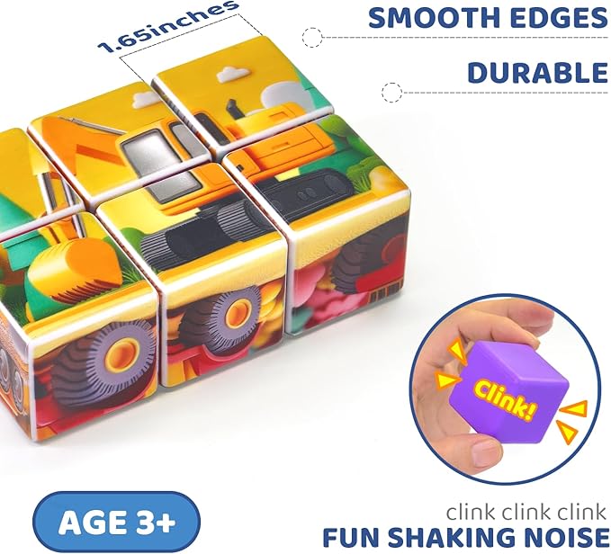 Magnetic Cubic Tiles for Kids, Large Building Blocks 1.65 inch, Engineering Construction Vehicles Puzzle Toy for Toddlers, Sensory & Montessori Magnetic Toys for Kids Ages 3 4 5 6
