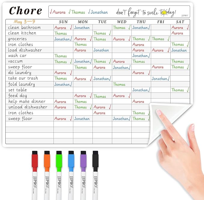 JJPRO Chore Chart Whiteboard Clings to All Smooth Surfaces.Non-Magnetic Dry Erase Chore Chart Sticks to Stainless Steel Fridge, Cabinet, Door and Glass