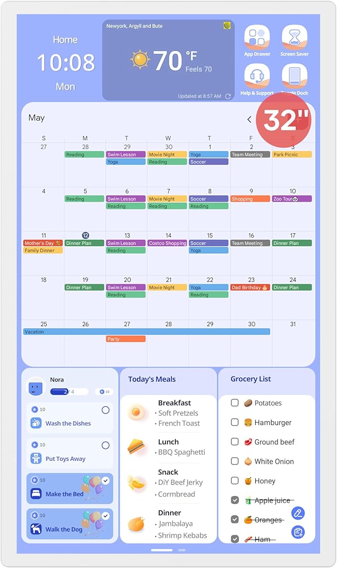 Cozyla Mate Digital Calendar+ 2: 32 Inch Wall Touch Screen Chore Chart Customize Dashboard Smart Electronic Calendar for Family Schedules Meal Planner Supports All Google Play Apps Wall Mount White