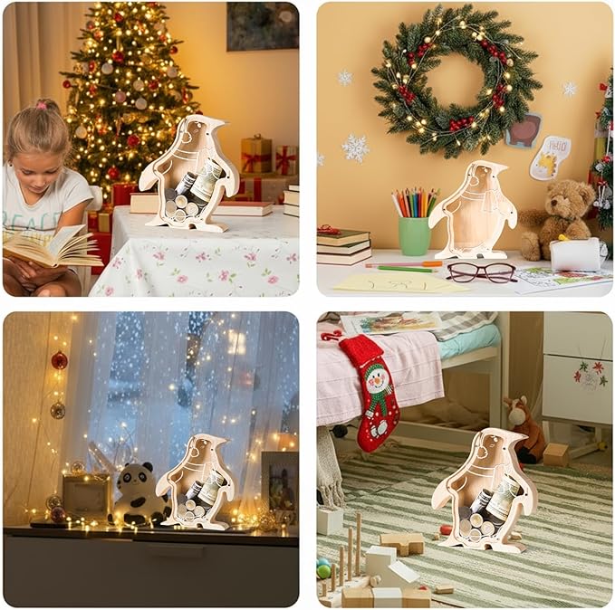 Wooden Penguin Piggy Banks for Kids Money Coin Bank, Cute Unbreakable Piggy Bank Kids Safe Money Box, Toddler Birthday Baptism Gifts for Girls Boys Penguin Lovers, Small