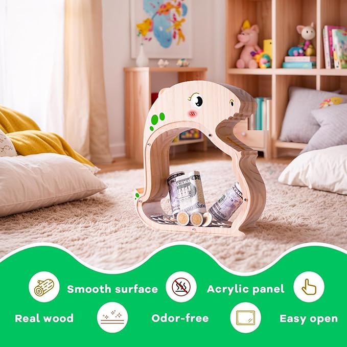 Wooden Dinosaur Piggy Bank for Boys, Girls, Unbreakable Dino Piggy Bank for Kids with Letter Stickers, Cute Saving Coin Jar, Wooden Cashbox Money Bank, Piggy Money Jar Personalized Birthday Gift