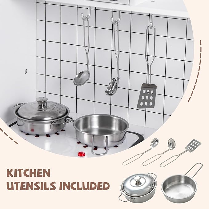 INFANS Play Kitchen for Kids, Wooden Kids Play Kitchen Playset with Realistic Light & Sounds, Pots Pan Microwave Sink, Children Pretend Cooking Toy Set Gift for Toddler Boys Girls Ages 3+