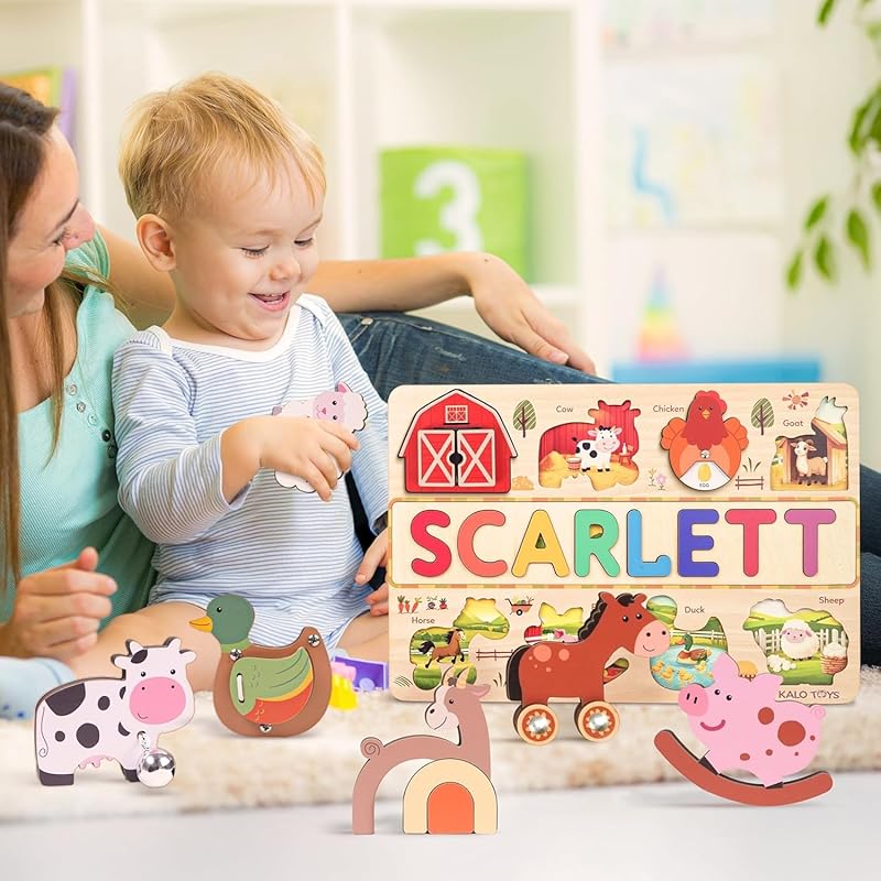 Personalized Wooden Name Puzzle for Toddlers 1-3 - Montessori Farm Animal Sensory Toy, Custom Educational Learning Toys for Toddlers to Boosts Fine Motor Skills, Perfect Birthday Gift
