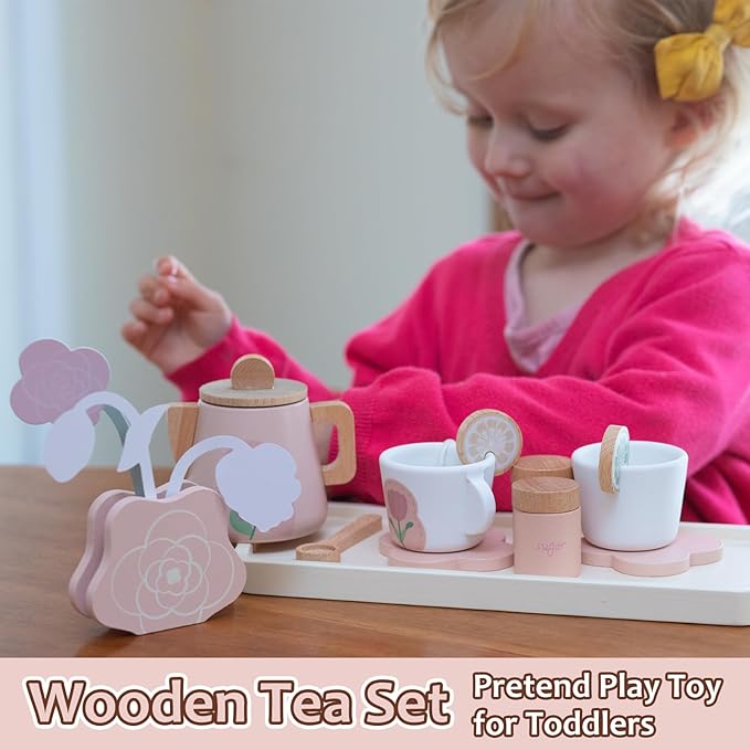 Wooden Tea Set for Little Girls, Pretend Play Tea Party Set Toy with 27 PCS Play Kitchen Accessories, Princess Tea Set Toy, Birthday Gift for Kids 3-5 Years Old, Improve Imagination