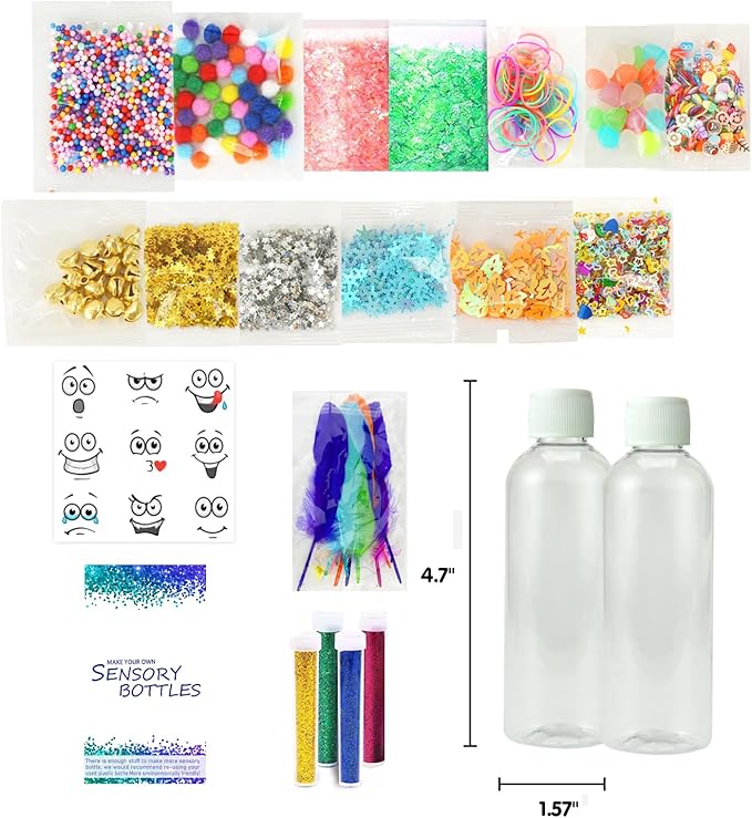 Sensory Bottles Kits Supplies Sensory Toys for Toddlers1-3, Calm Down Corner Supplies with Glitter,2 Fun Containers and Fun Stickers& More(L)